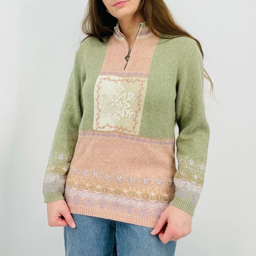 vintage pastel snowflake ramie angora rabbit blend quarter zip sweater top s - Picture 7 of 8